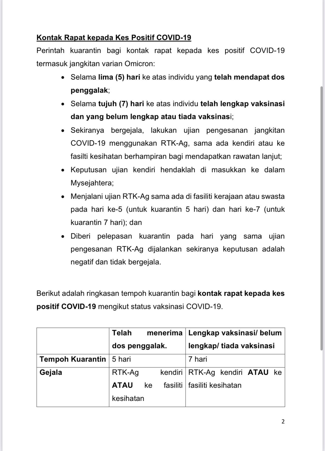 tempoh kuarantin dipendekkan jika lengkap vaksin tapi positif covid-19