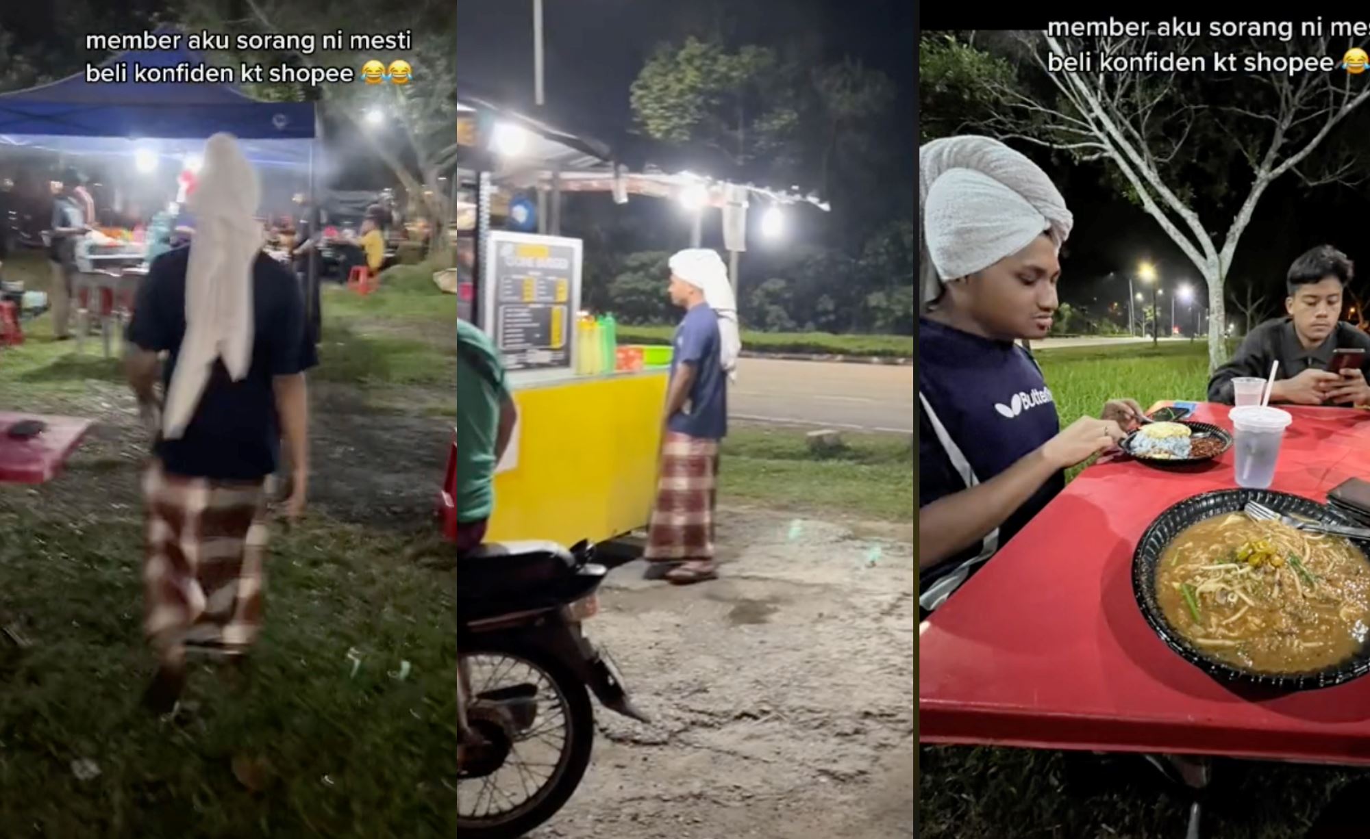 “budak ood!” man wears towel on head while he ‘lepak’ with friends at food stall, netizens amused