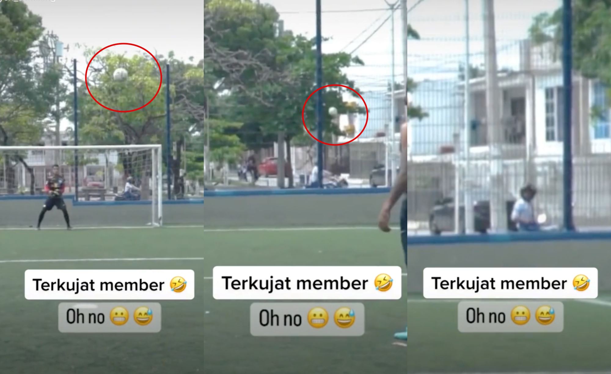 man accidentally kicks ball high up in the air, lands on motorcyclist’s head!