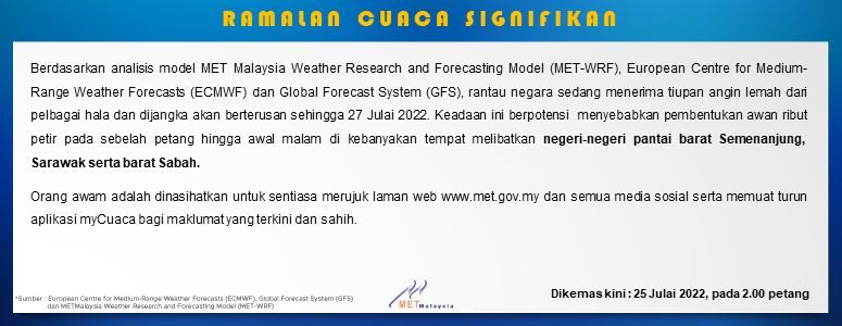 malaysia bakal hadapi ribut petir hingga 27 julai