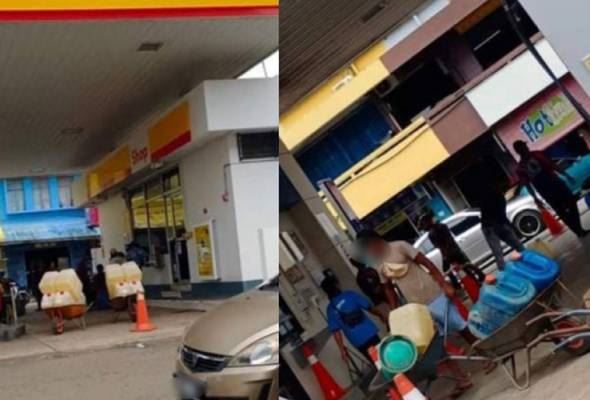 orang ramai berang stesen minyak sesak akibat nelayan beli minyak guna kereta sorong, tong plastik