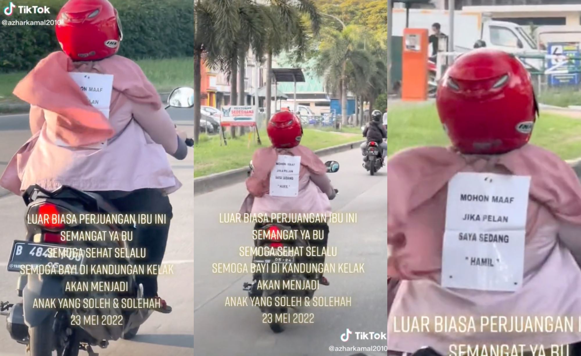 pregnant woman rides motorcycle to work with sign saying “sorry if i’m slow”