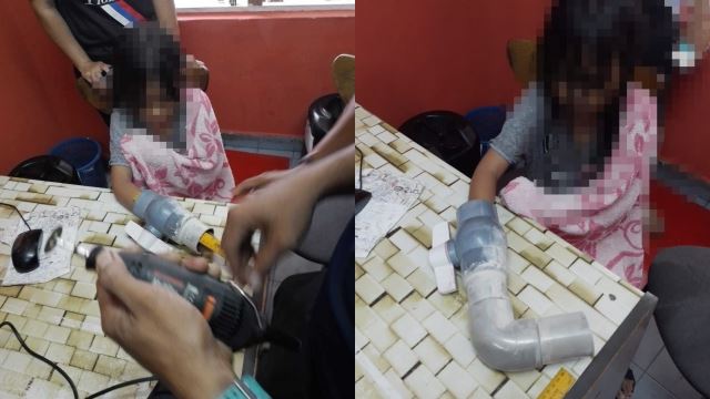 kanak-kanak cemas, tangan tersangkut paip pvc ketika seronok mandi kolam