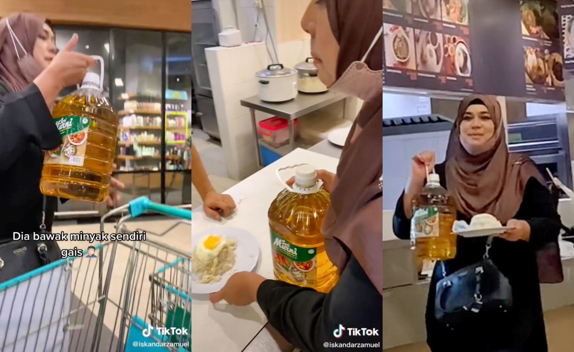 woman gives food stall cooking oil she just bought, just so they could cook for her