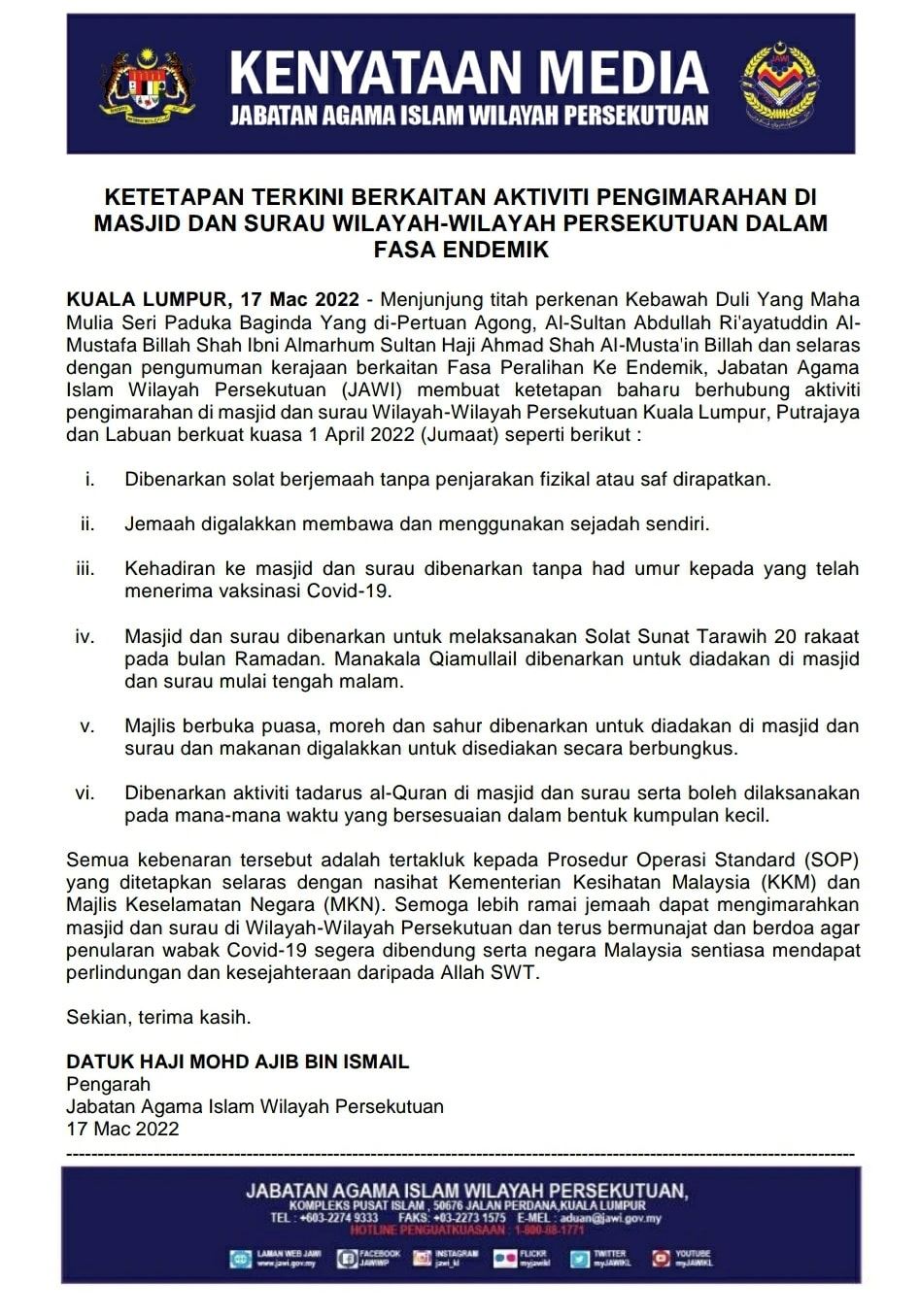 boleh solat jemaah tanpa jarak di wilayah mulai 1 april