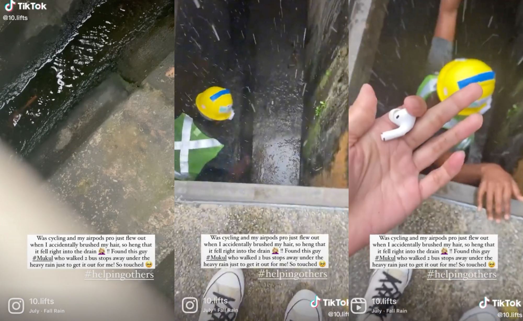 kind worker help singaporean woman retrieve her airpod that she dropped in a drain