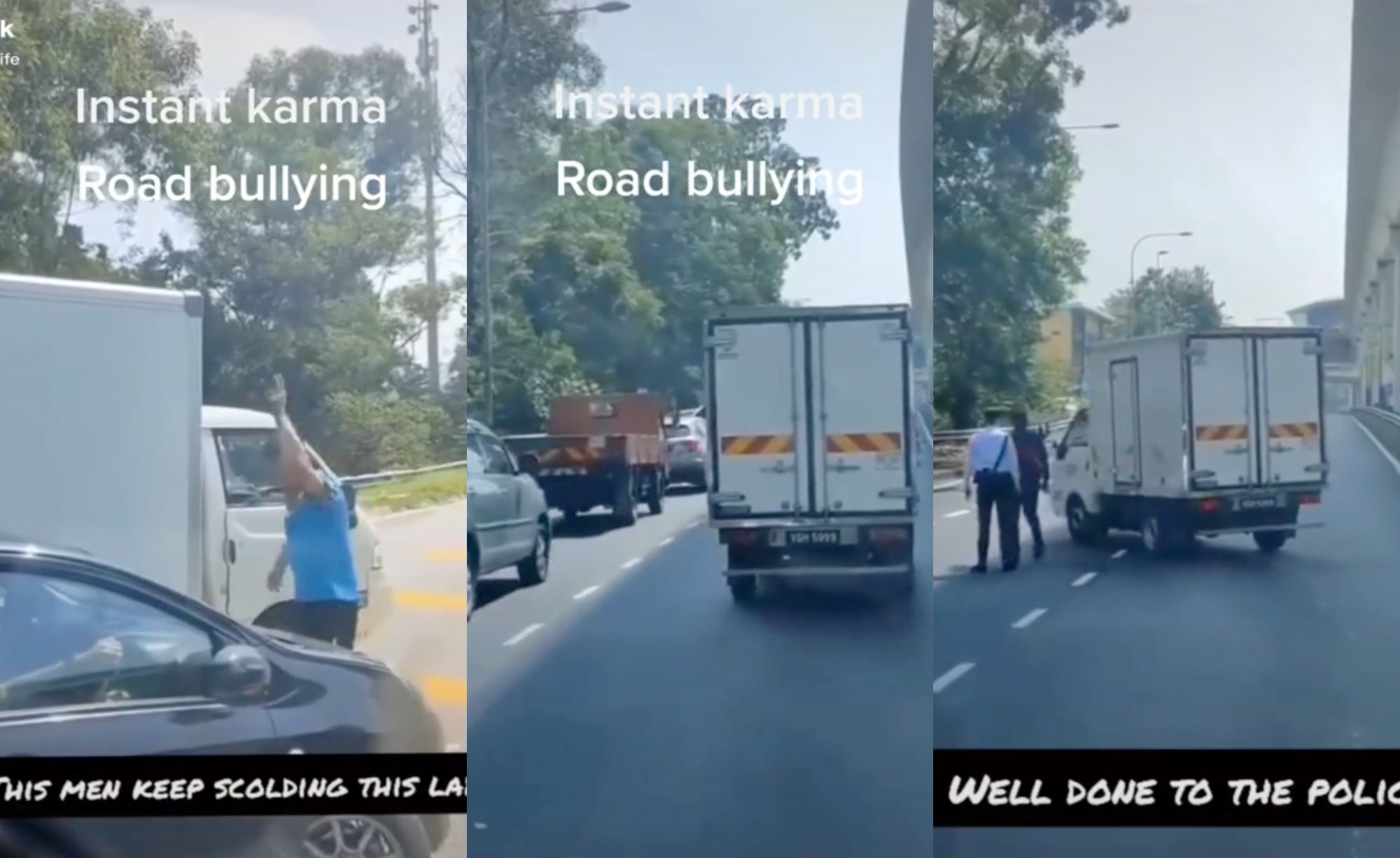 angry lorry driver tailgate woman driver, gets pulled over by police at roadblock