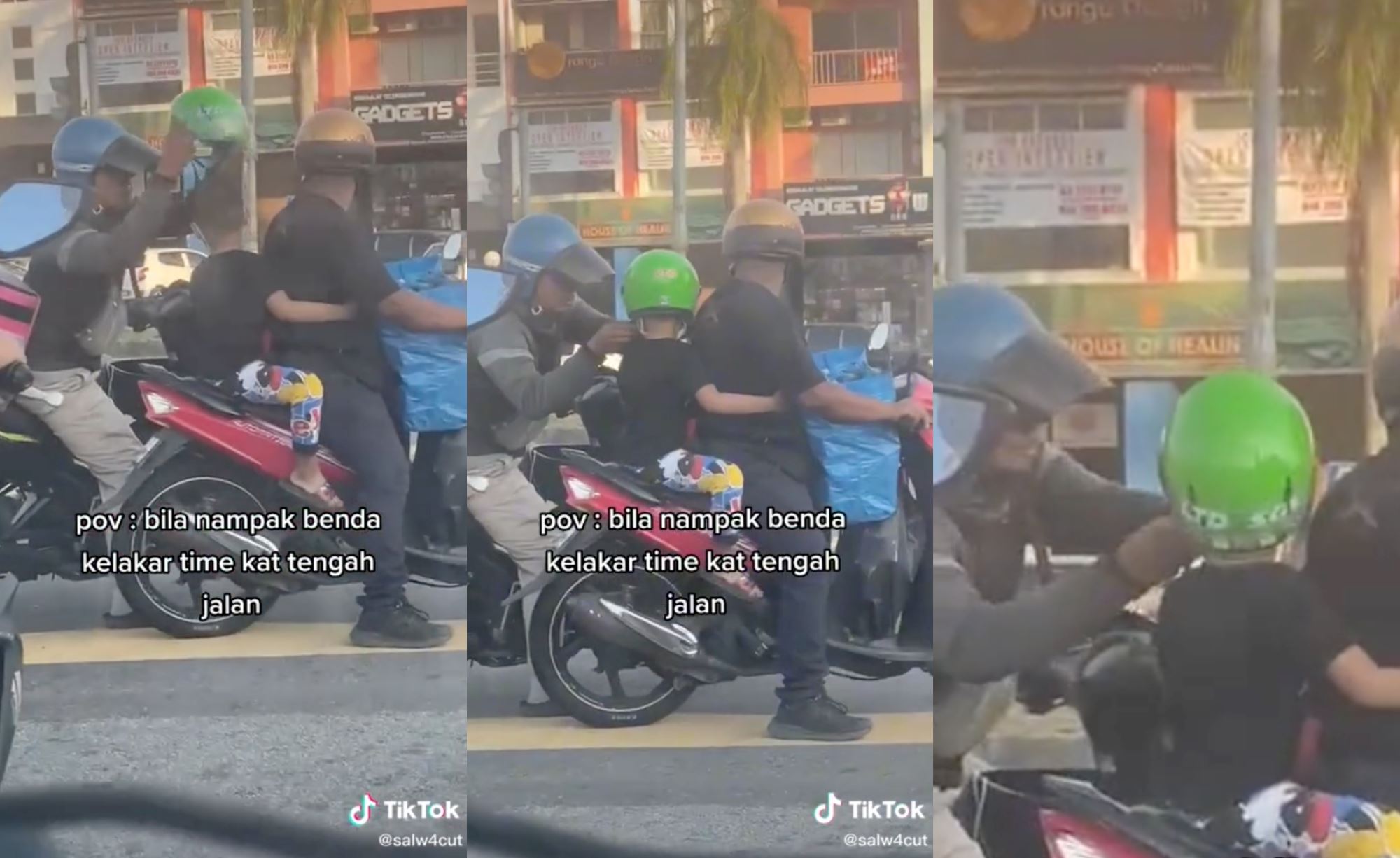 little boy had his helmet backward, abang rider helps fix it at stoplight