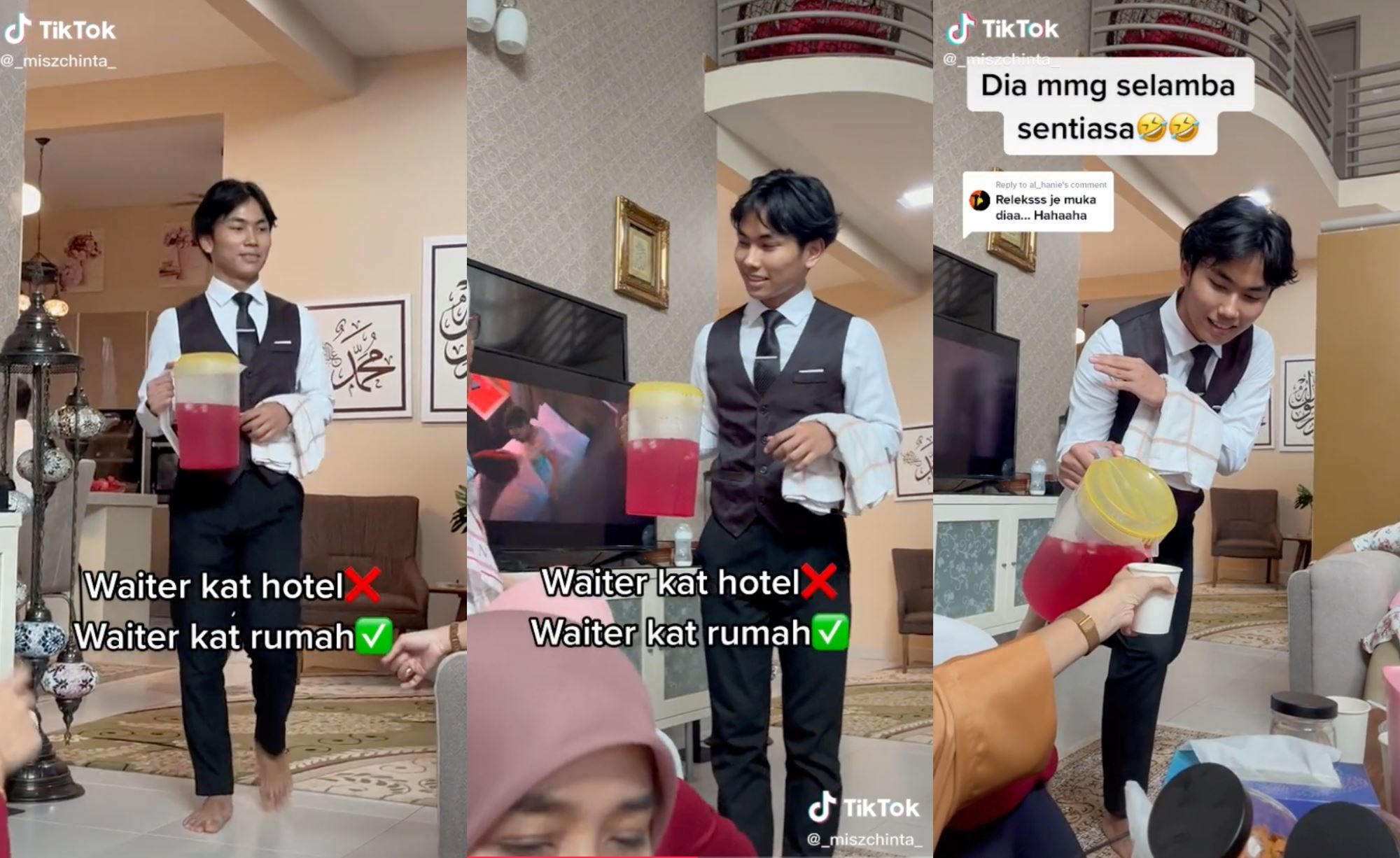 young man becomes waiter while serving guests at home during hari raya, netizens amused