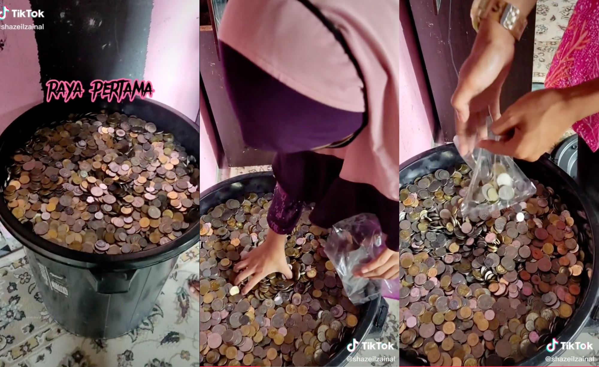 woman didn’t have time to exchange duit raya, prepares giant bucket of coins instead!