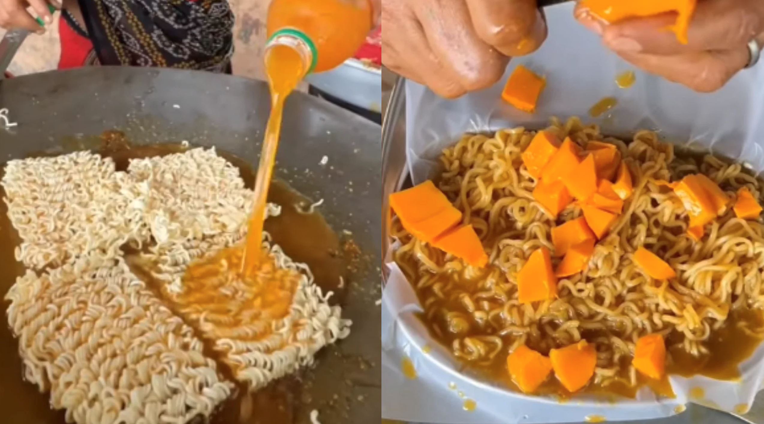 how bizarre! woman in india sells maggi cooked in mango juice & fruits