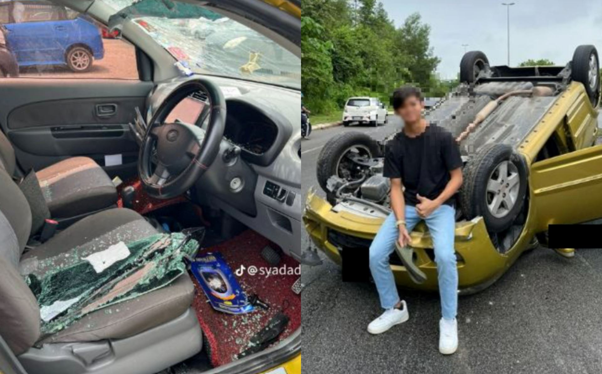 “you’re too chill!” m’sians confused seeing young man posing calmly next to his overturned car