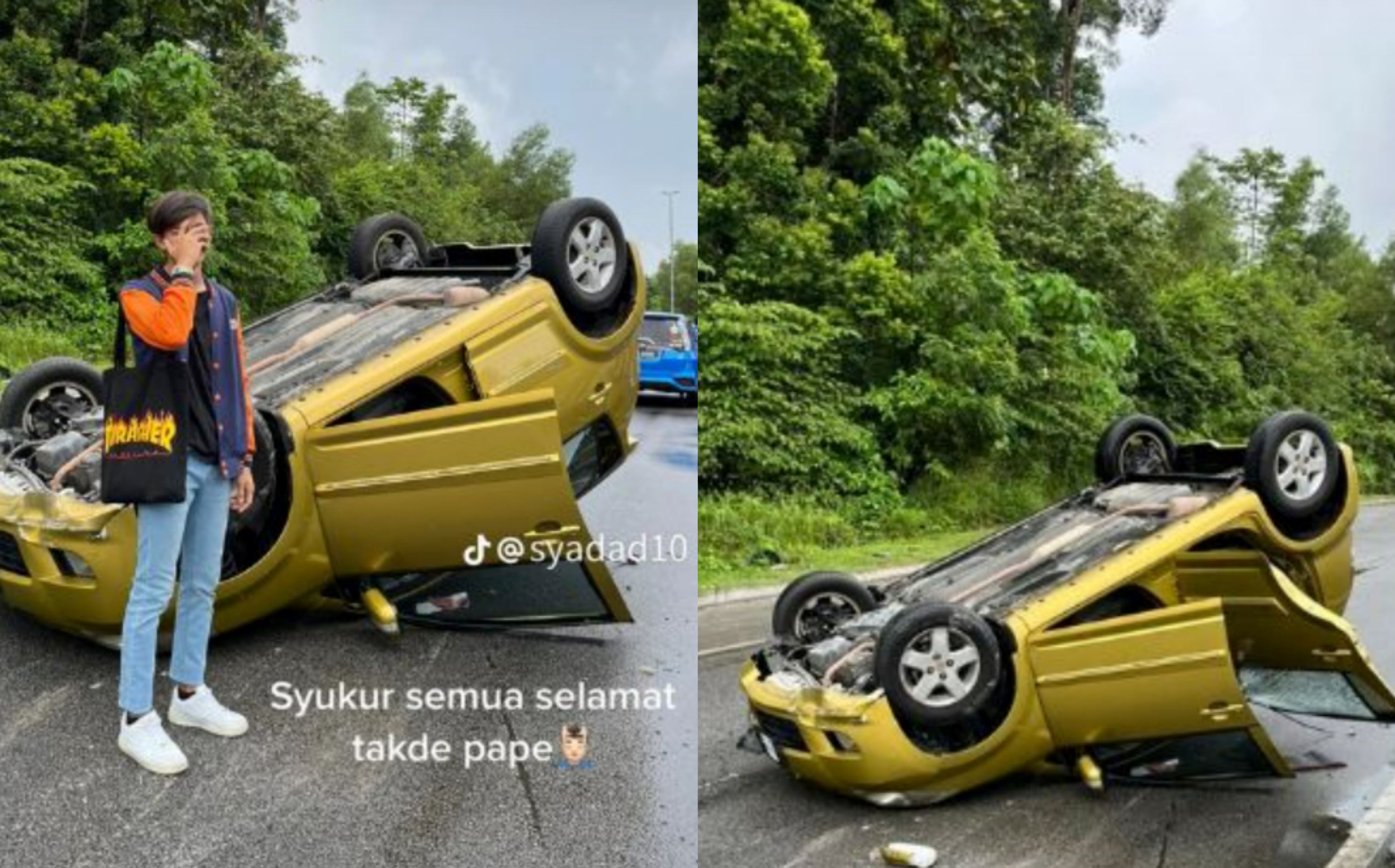“you’re too chill!” m’sians confused seeing young man posing calmly next to his overturned car