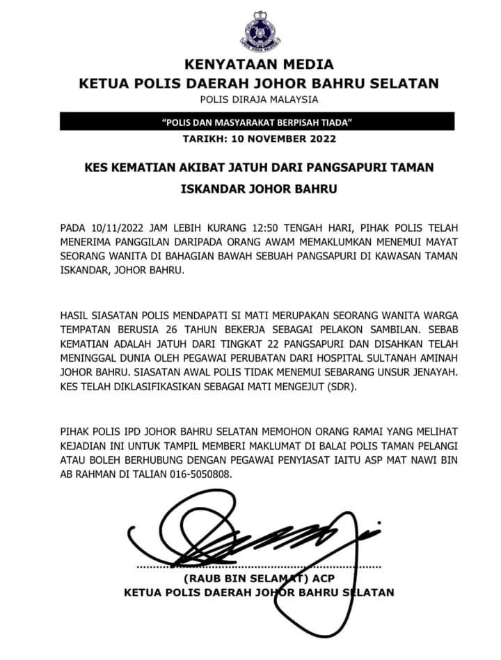 pihak polis sahkan kematian syazlin zainal tiada unsur jenayah