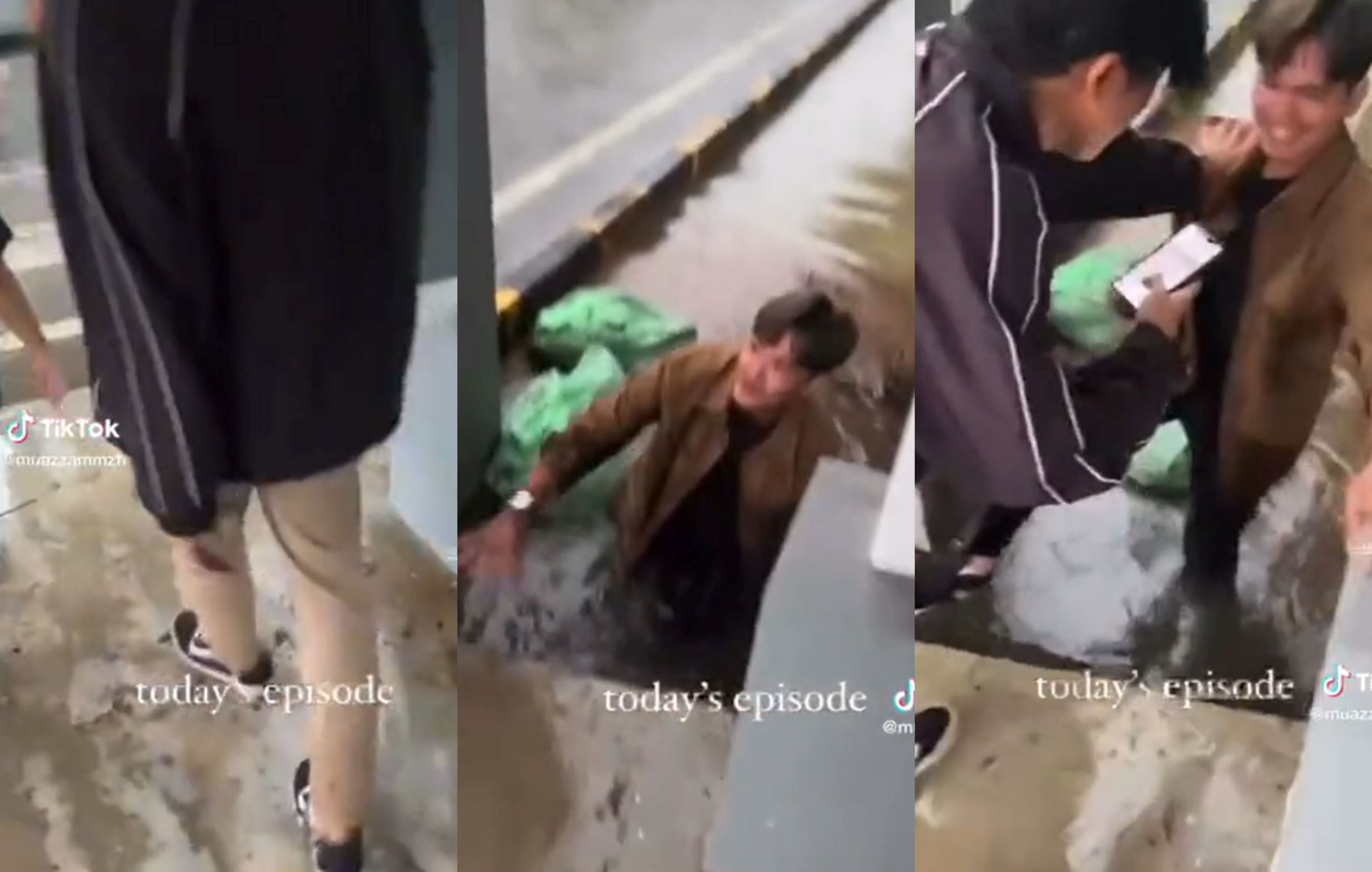 “auto bath time!” young man wanted to stop his shoes from getting wet, falls into water puddle instead!