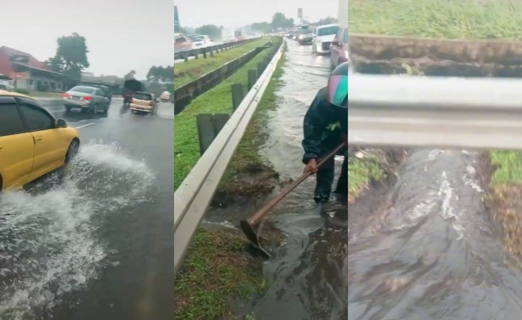 m’sians praise motorcyclist for creating small drain to help flood waters flow out of highway