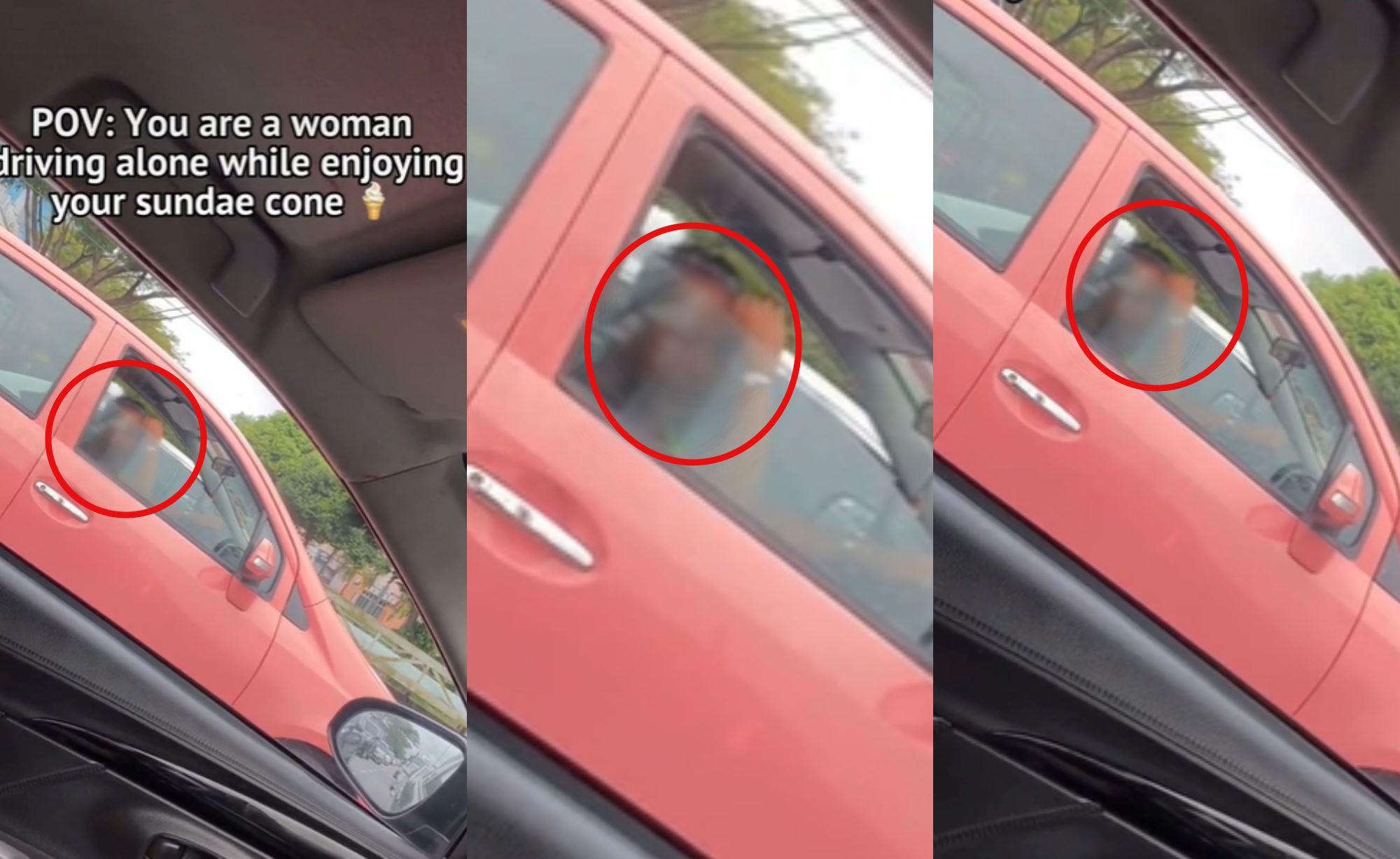 m’sian woman eating ice-cream cone bothered by stranger who creepily stares at her from his car
