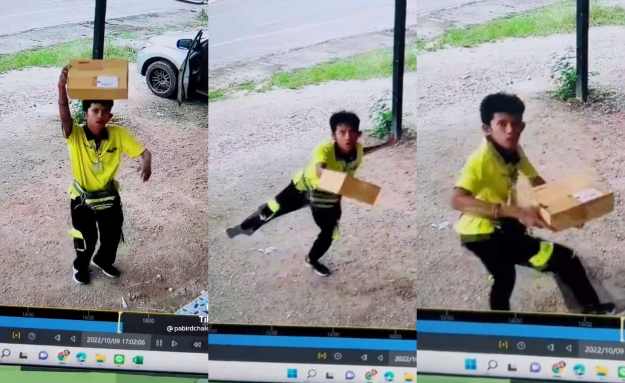delivery man dances in front of cctv with parcel as “proof of delivery”