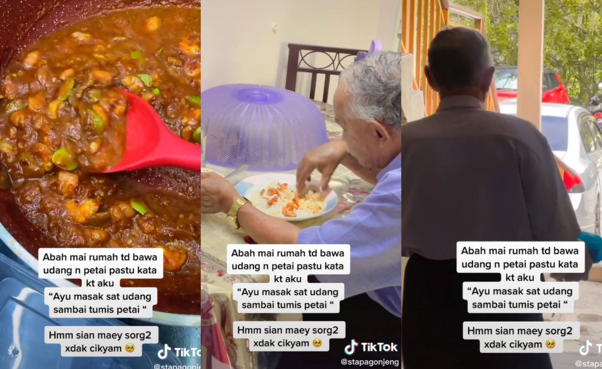 elderly man brought prawns and petai so his daughter could cook for him as he misses his wife’s cooking