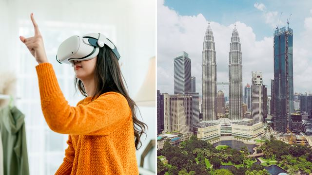 Two pictures showing a woman wearing VR headset, and KLCC building