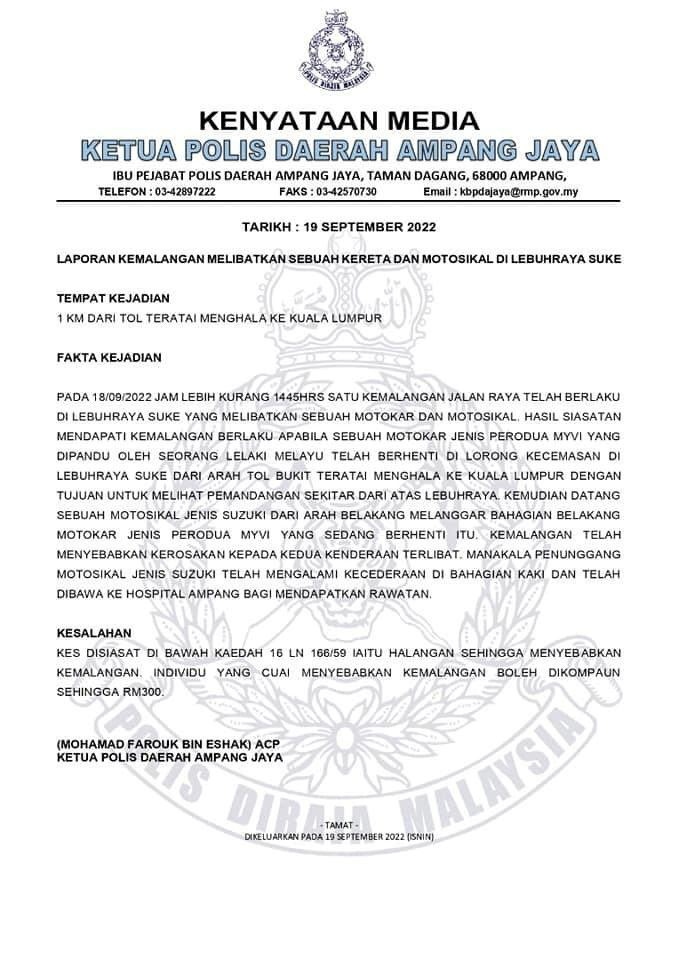 car stopping on emergency lane to take in kl view causes first accident on suke