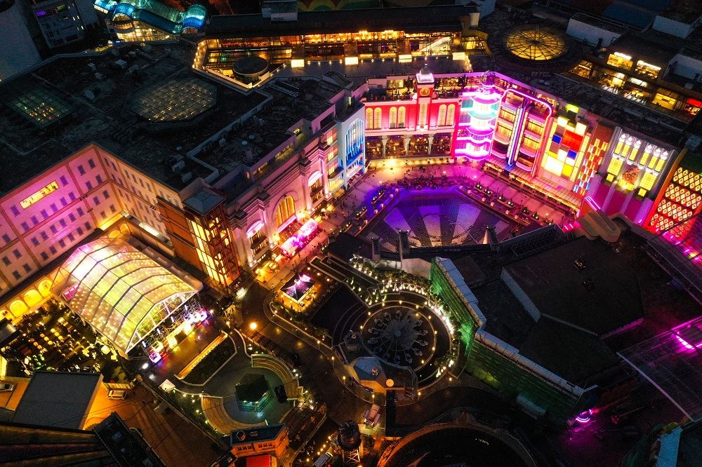 An aerial view of Genting Madison Square at night