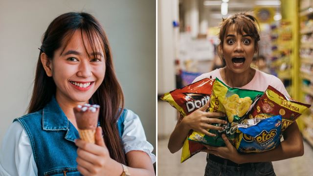 One woman holding an ice cream cone and another holding a few bags of potato chips