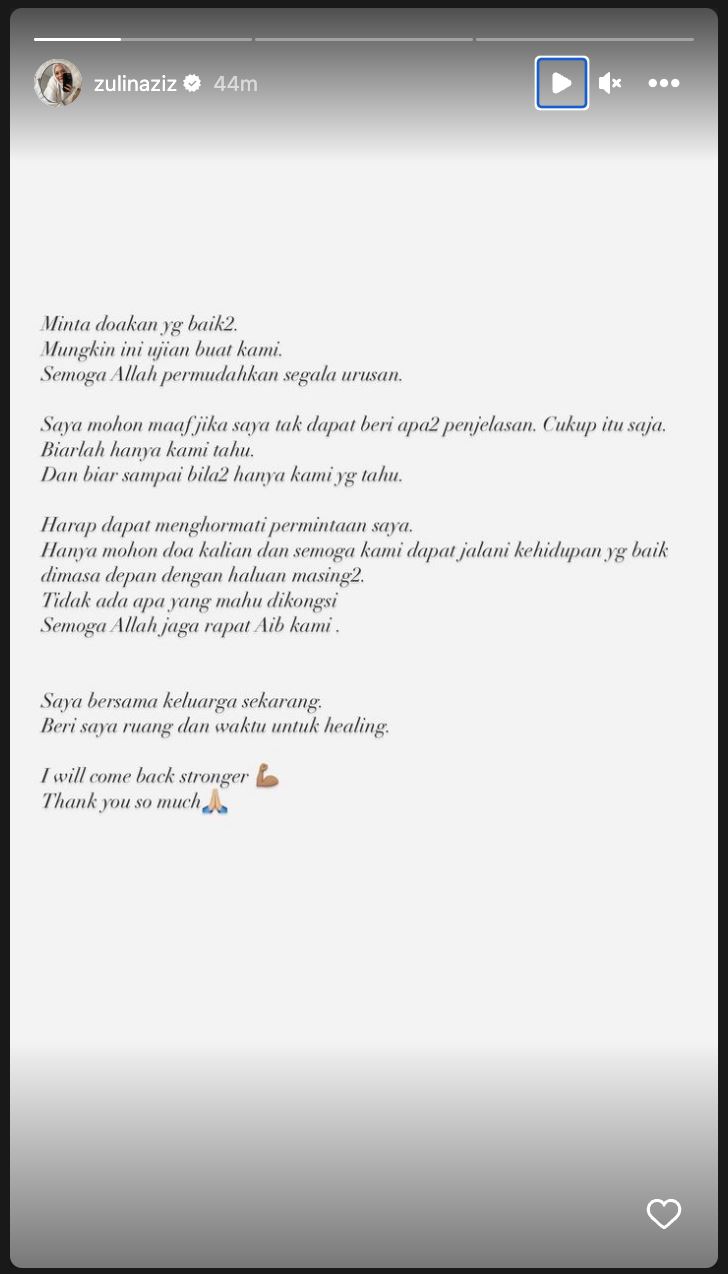  “mungkin sampai sini saja kisah kami,” zulin aziz dan suami bercerai?