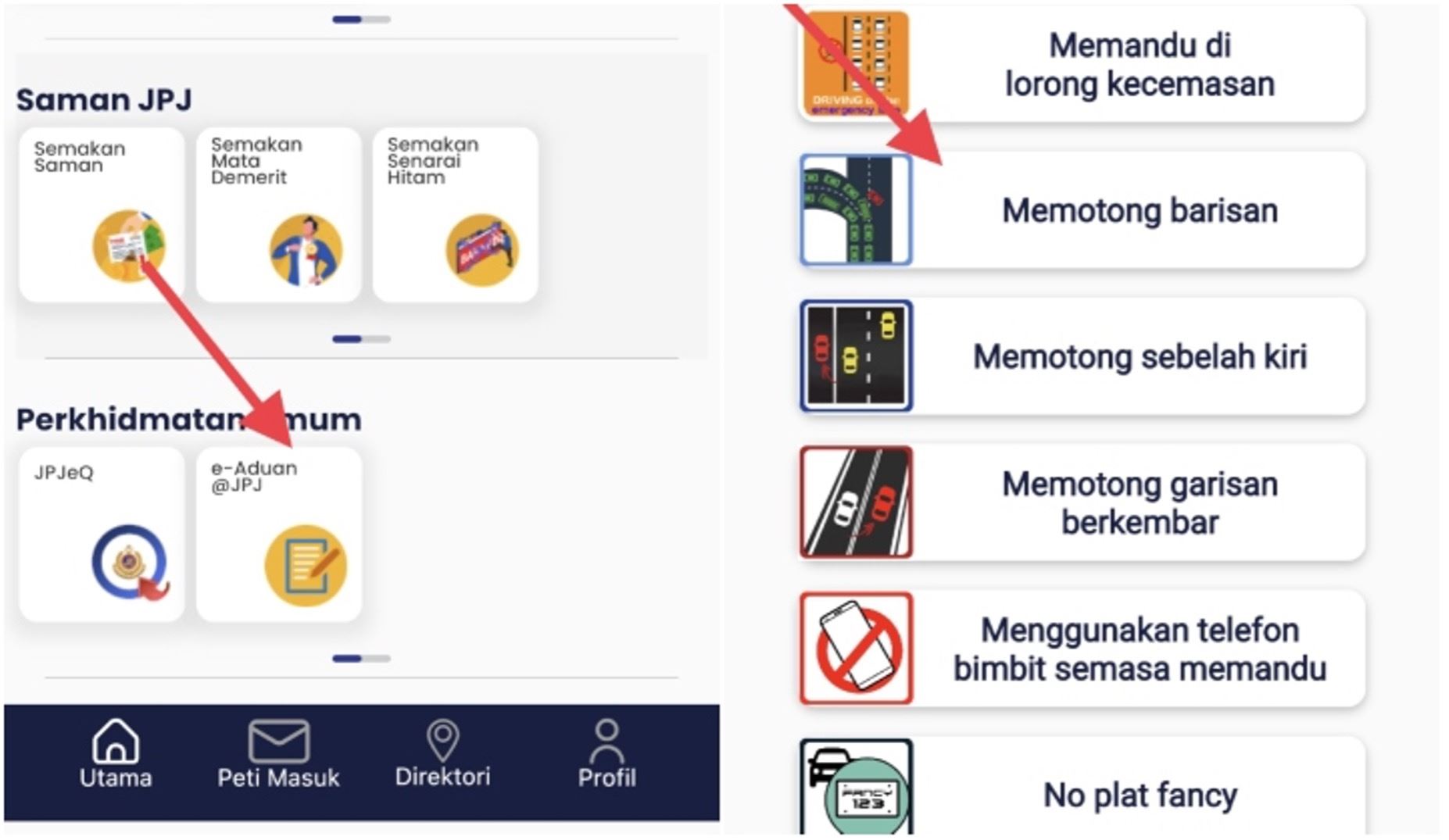 ada kereta potong laluan kecemasan? laporkan terus pada jpj guna cara ini