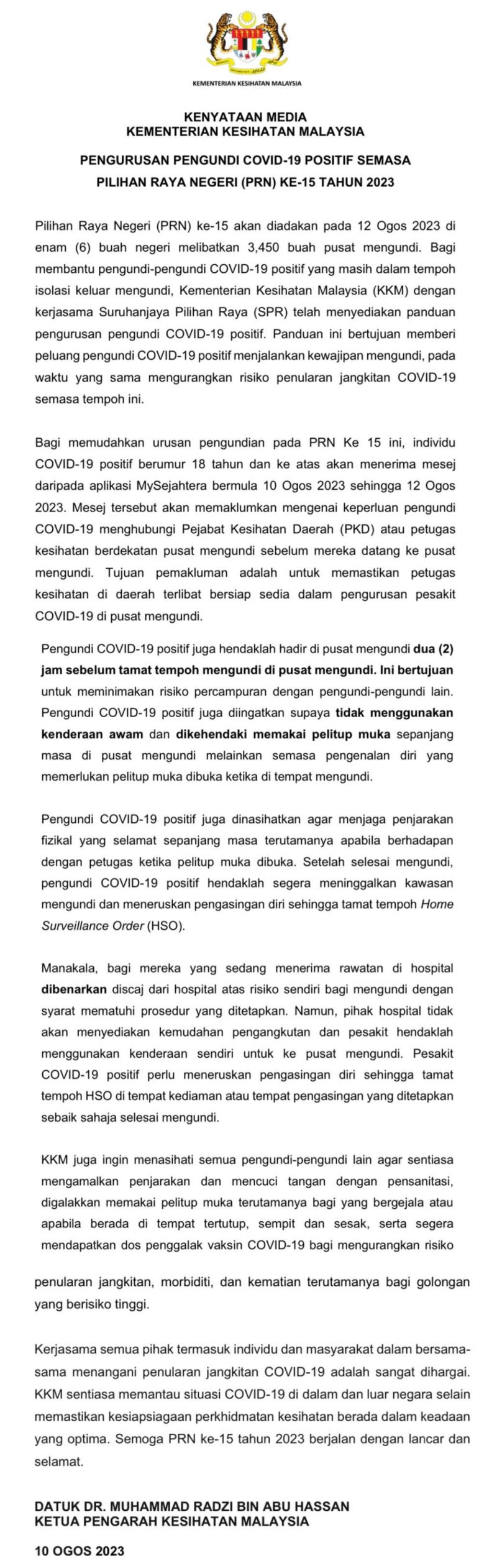 pengundi positif covid-19 perlu hadir di pusat mengundi dua jam sebelum tamat tempoh undi – kkm