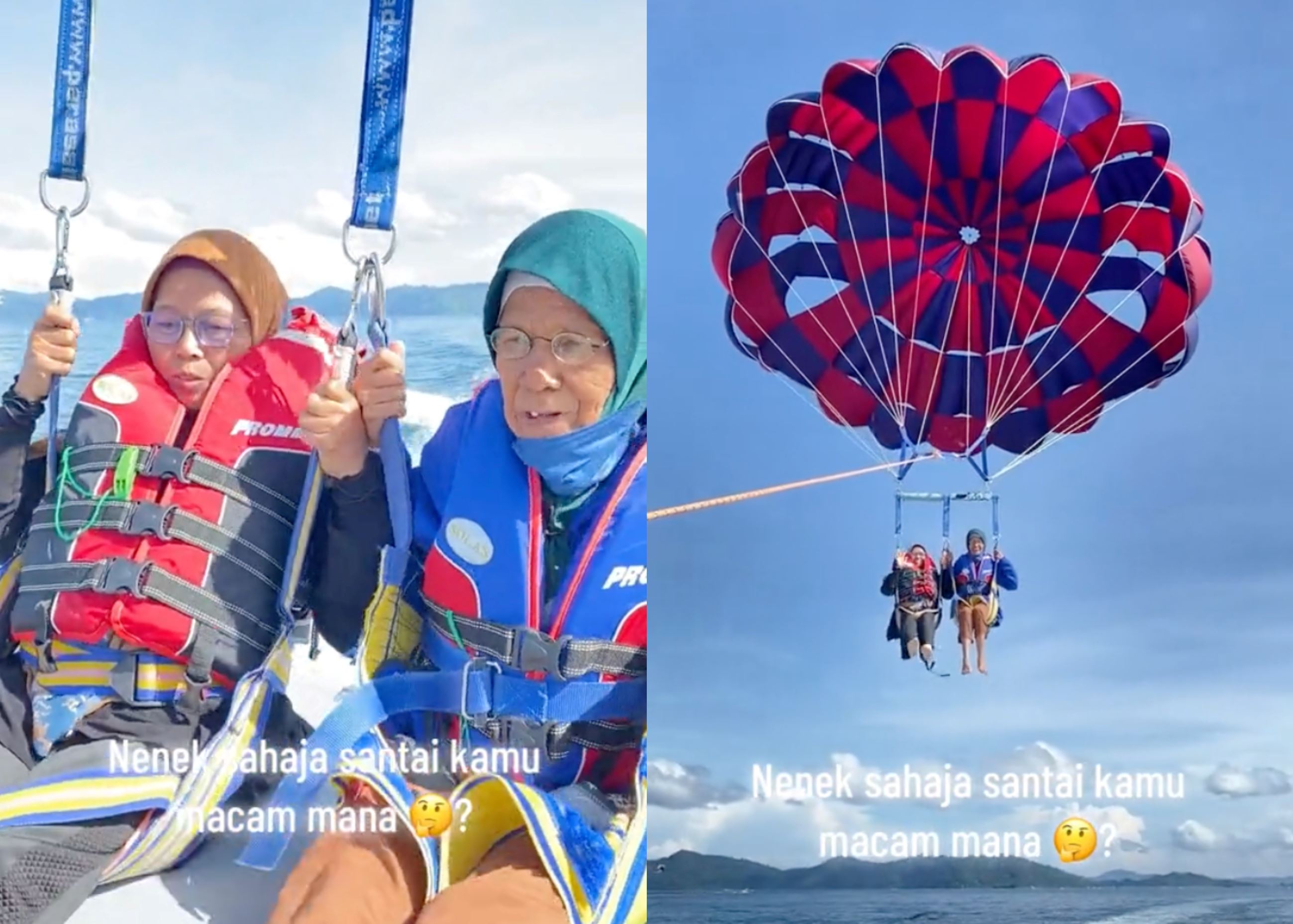 video of elderly woman goes parasailing with her friend in sabah went viral, m’sians amused!