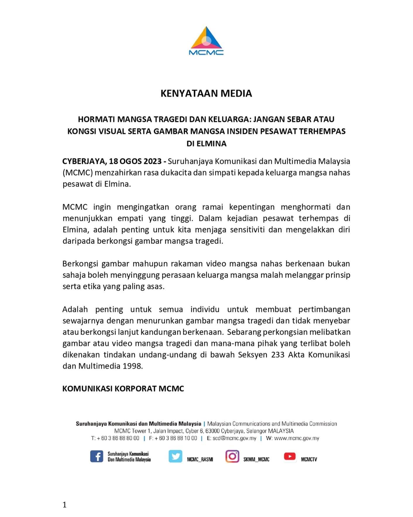 kongsi foto dan video mangsa tragedi nahas pesawat di elmina boleh kena tindakan