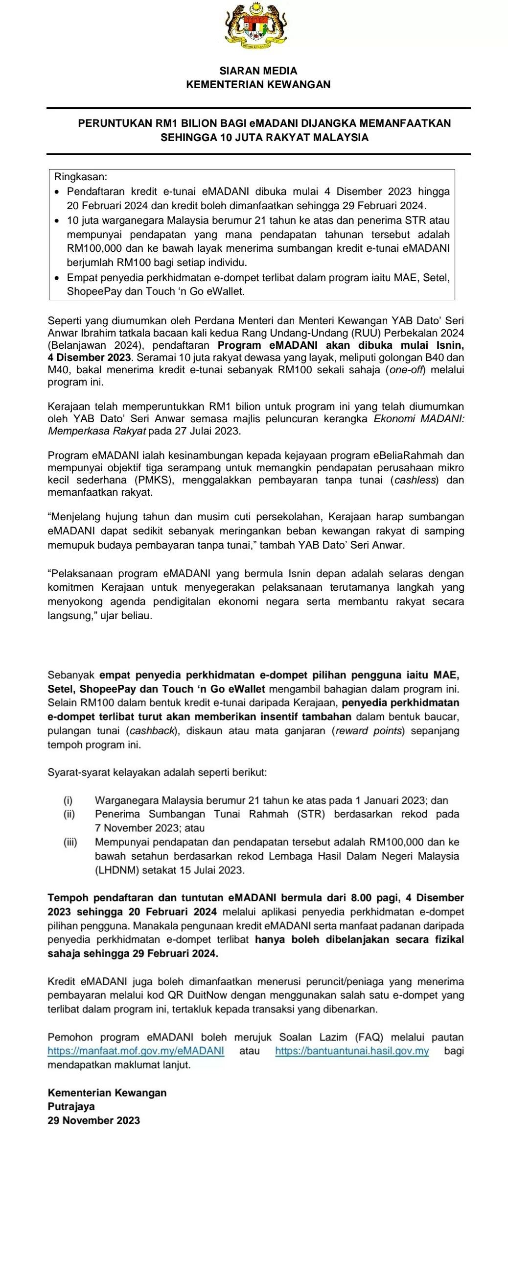 rm100 e-dompet boleh mula ditebus 4 disember, semak syaratnya disini