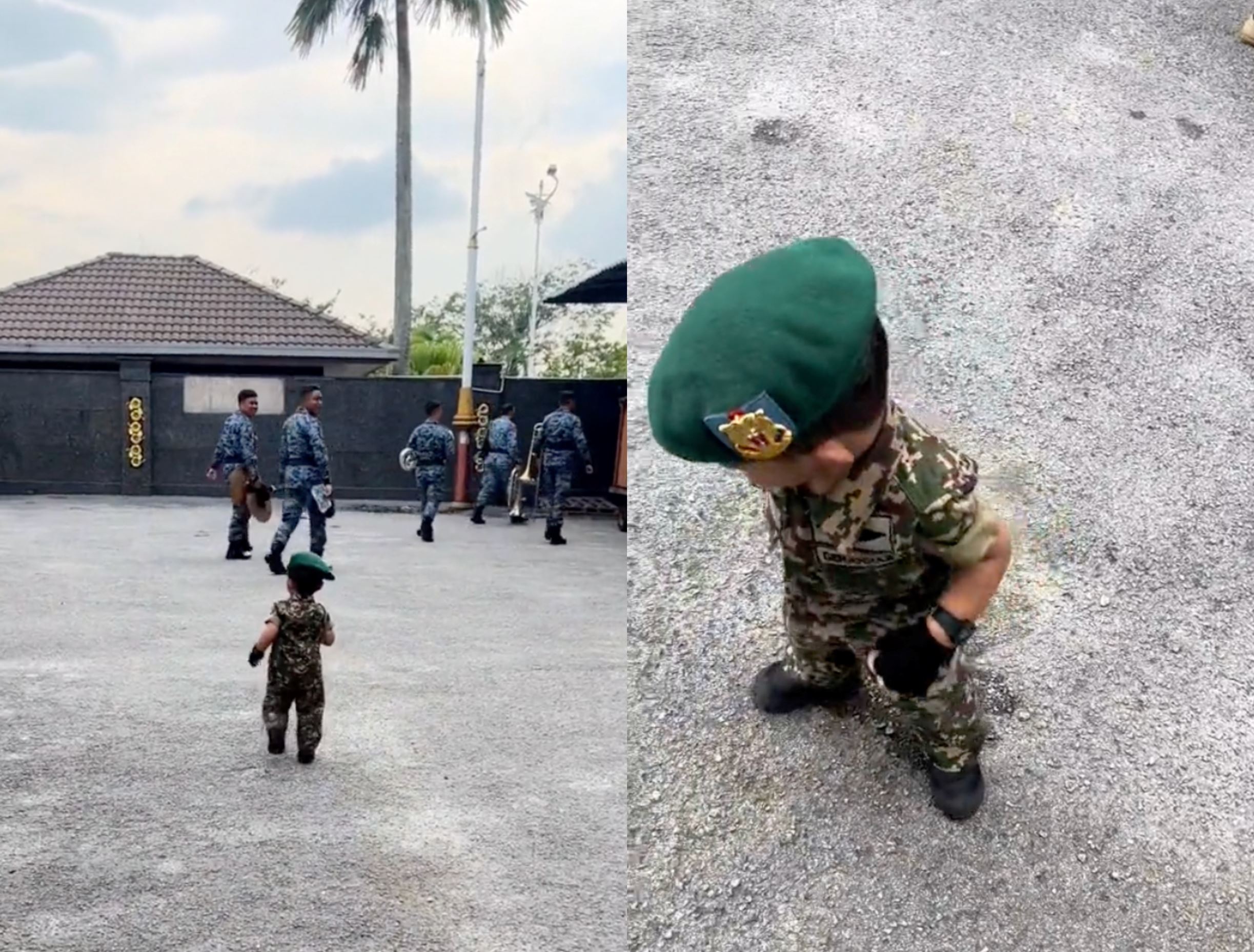 m’sian toddler in army uniform has adorable interaction with air force soldiers at subang base camp