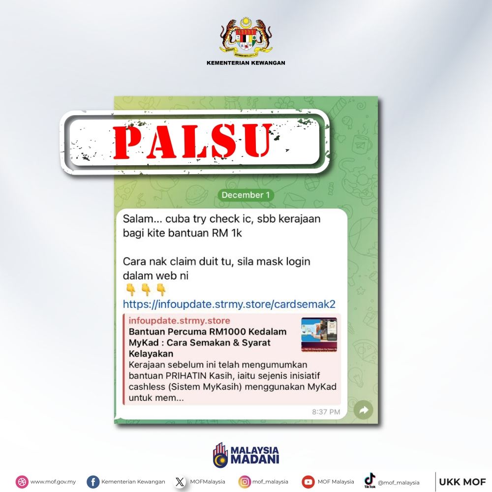 awas mesej palsu konon boleh dapat bantuan rm1,000 dalam mykad percuma 