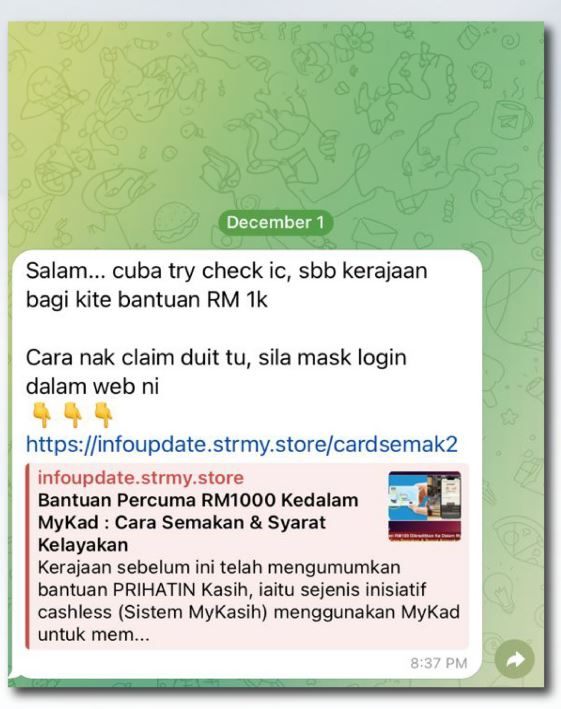 awas mesej palsu konon boleh dapat bantuan rm1,000 dalam mykad percuma 