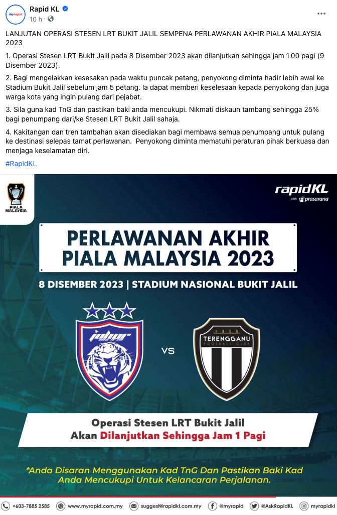 final piala malaysia 2023 jumaat ini, operasi lrt stesen bukit jalil dilanjutkan