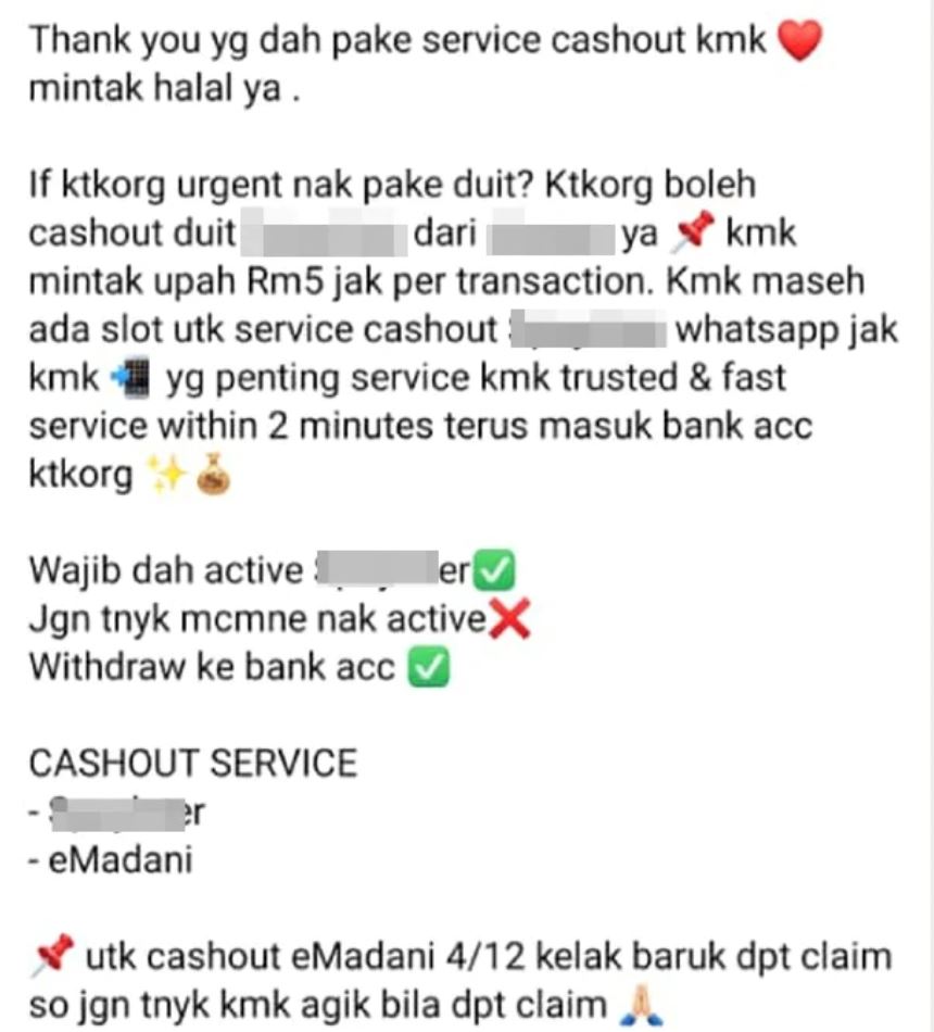 malaysians reportedly paying rm10 'redemption fee' to cash out rm100 emadani credits