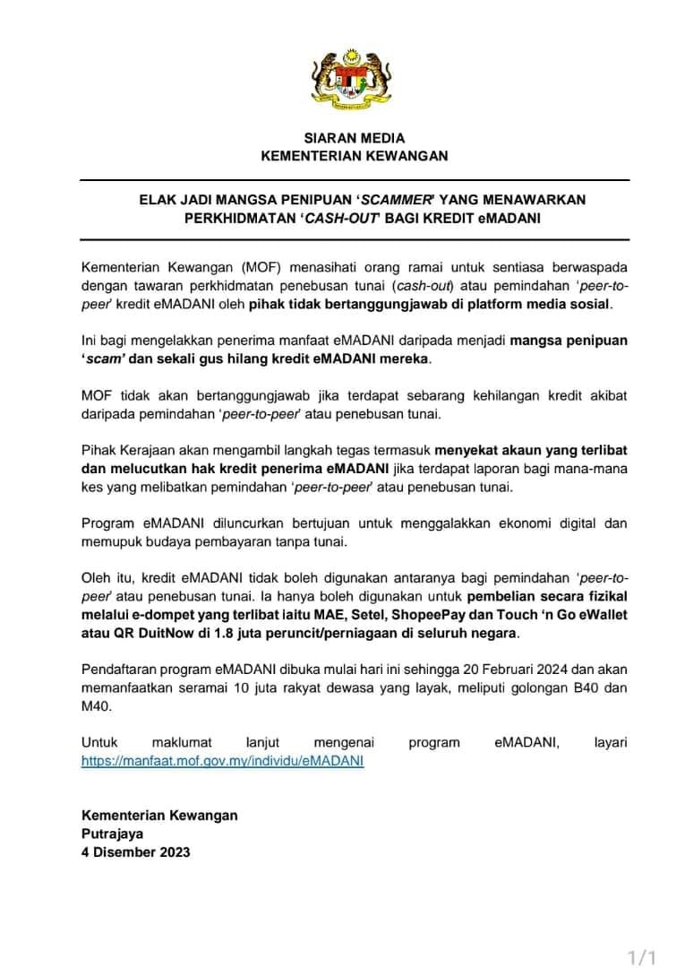 hati-hati dengan penipuan ‘cash out’ kredit emadani di media sosial