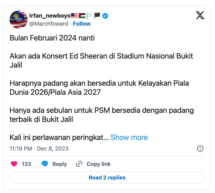 konsert ed sheeran feb 2024 mungkin diteruskan di stadium bukit jalil, peminat risau fikir pasal padang