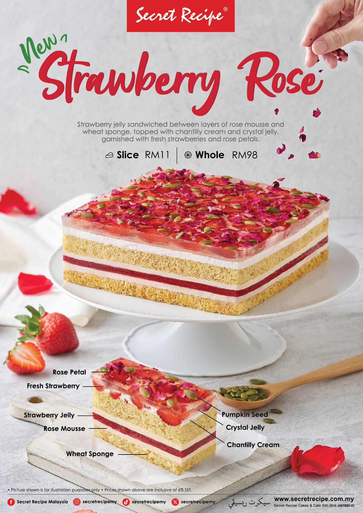 secret recipe perkenal kek strawberry rose, harga serendah rm 11 sepotong