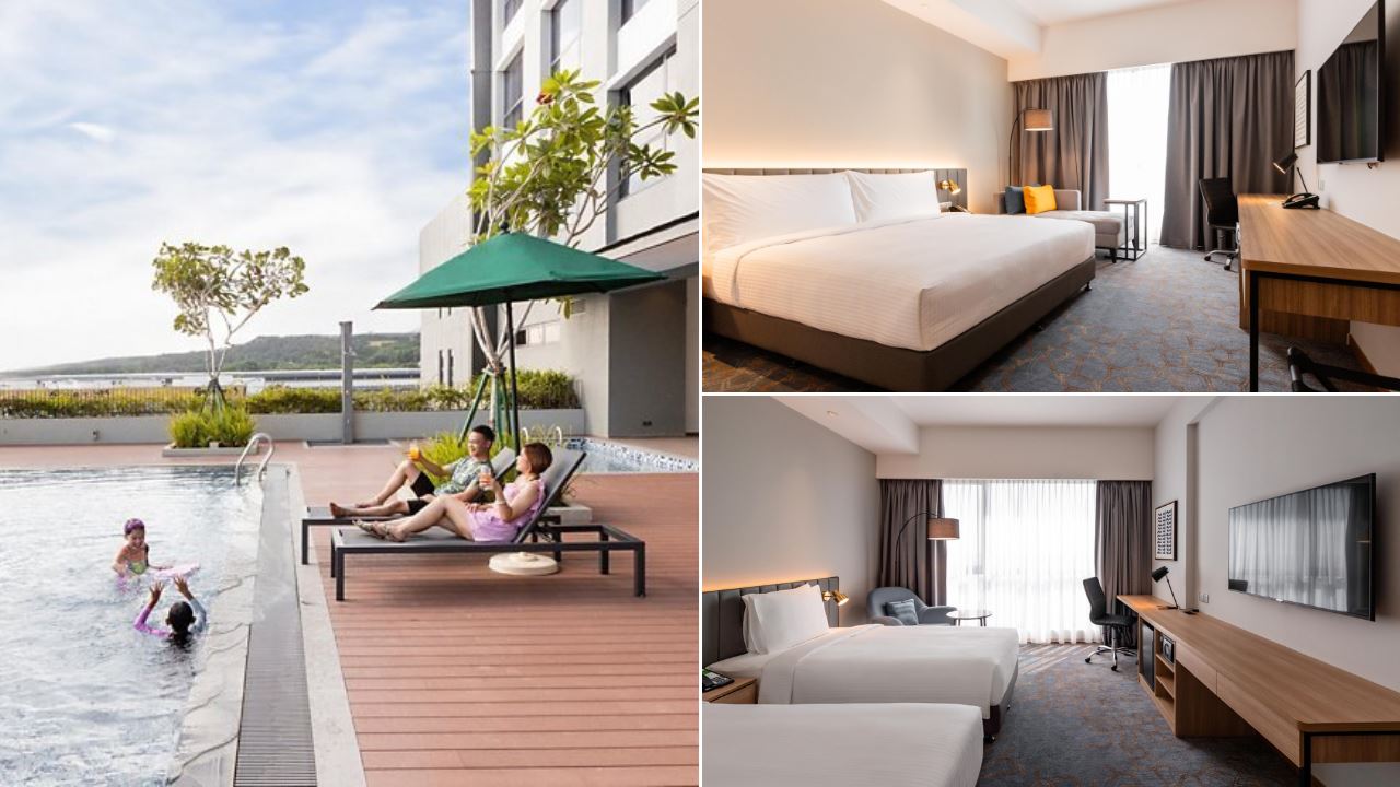 a family by the pool and hotel rooms