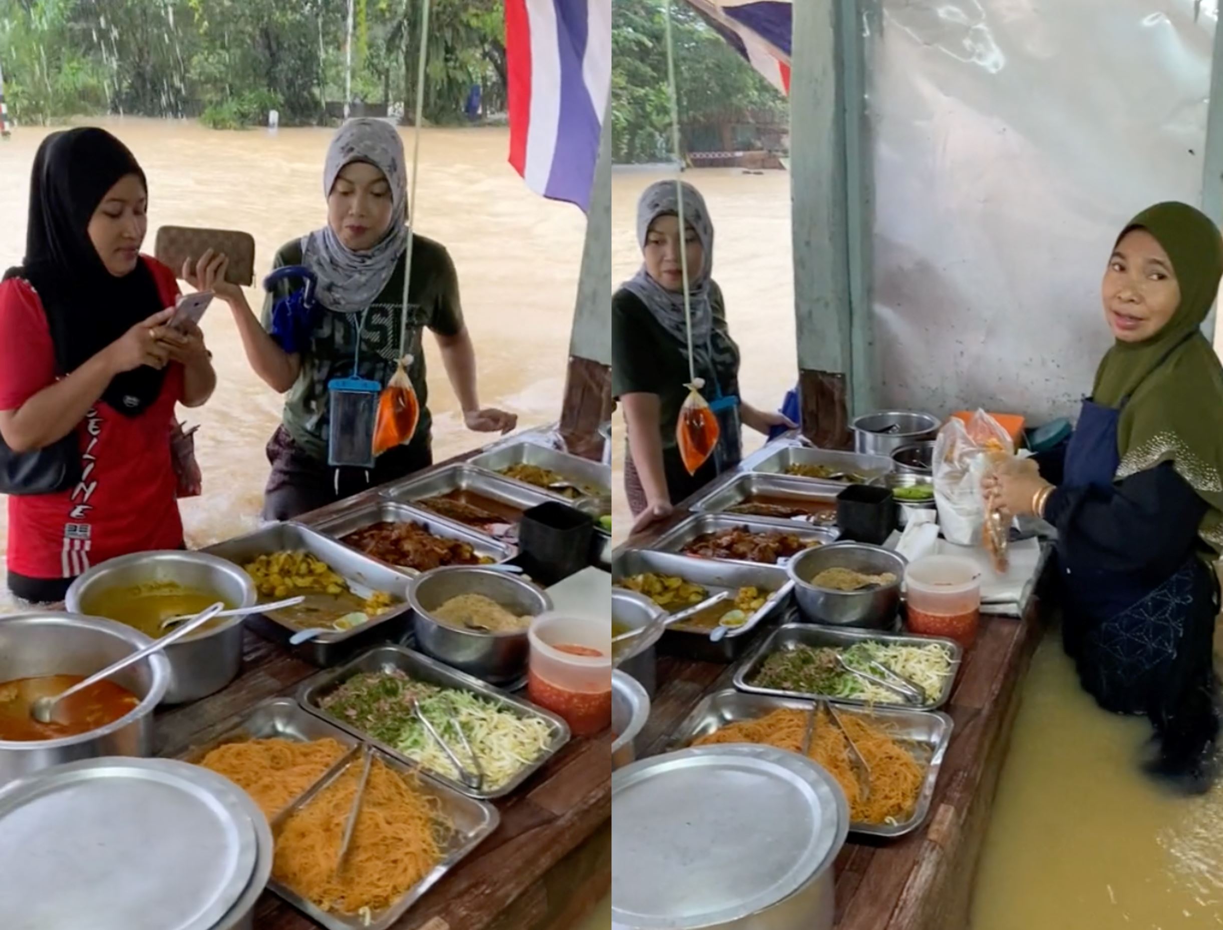 woman in kelantan goes viral selling nasi kerabu despite flood waters rising to knee level