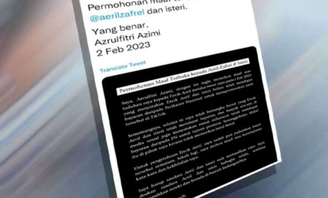 buat fitnah terima bayaran dari parti politik, pengguna twitter mohon maaf terhadap aeril zafril & isteri