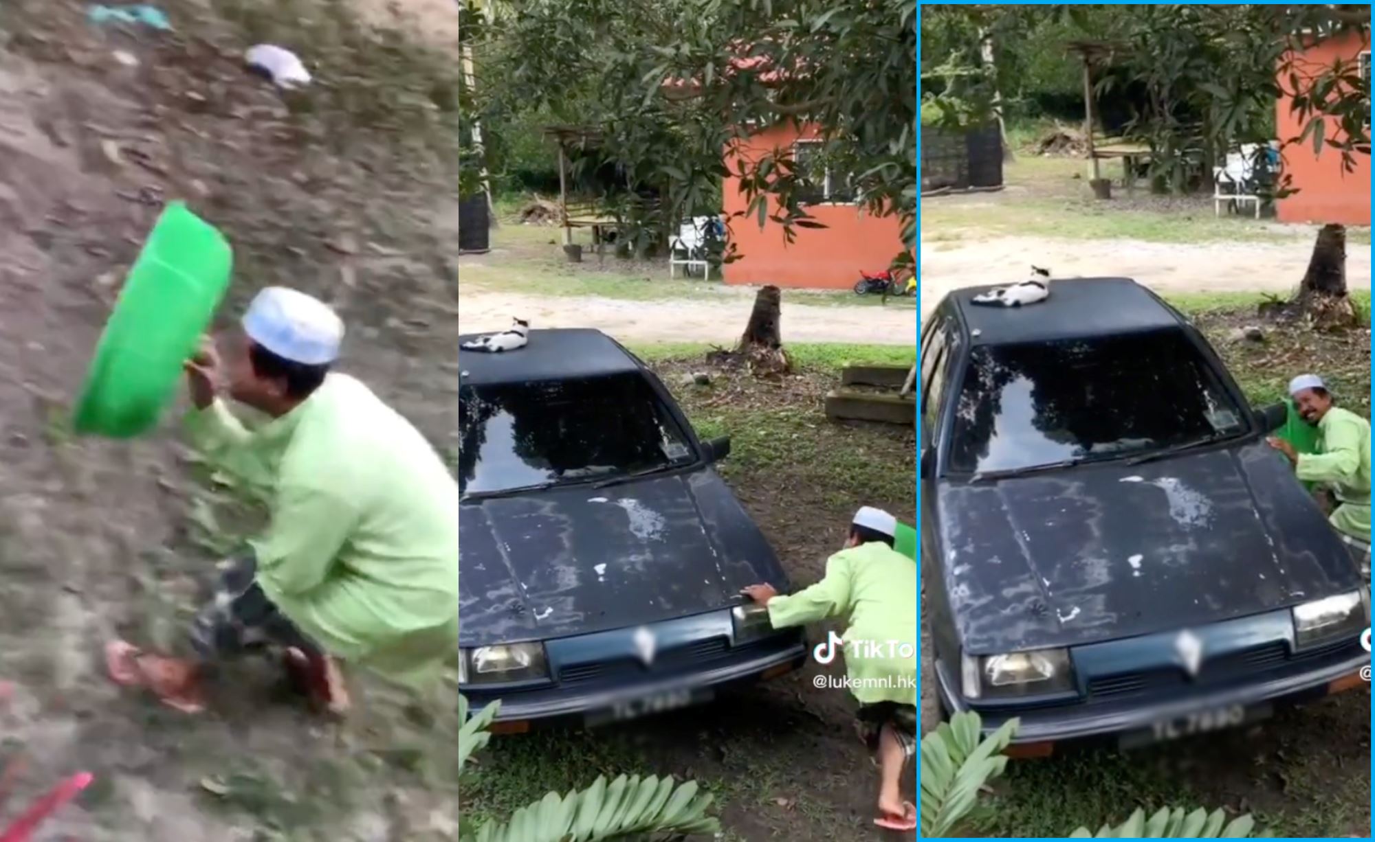 video of pak cik trying to catch cat using food lid went viral, netizens amused!