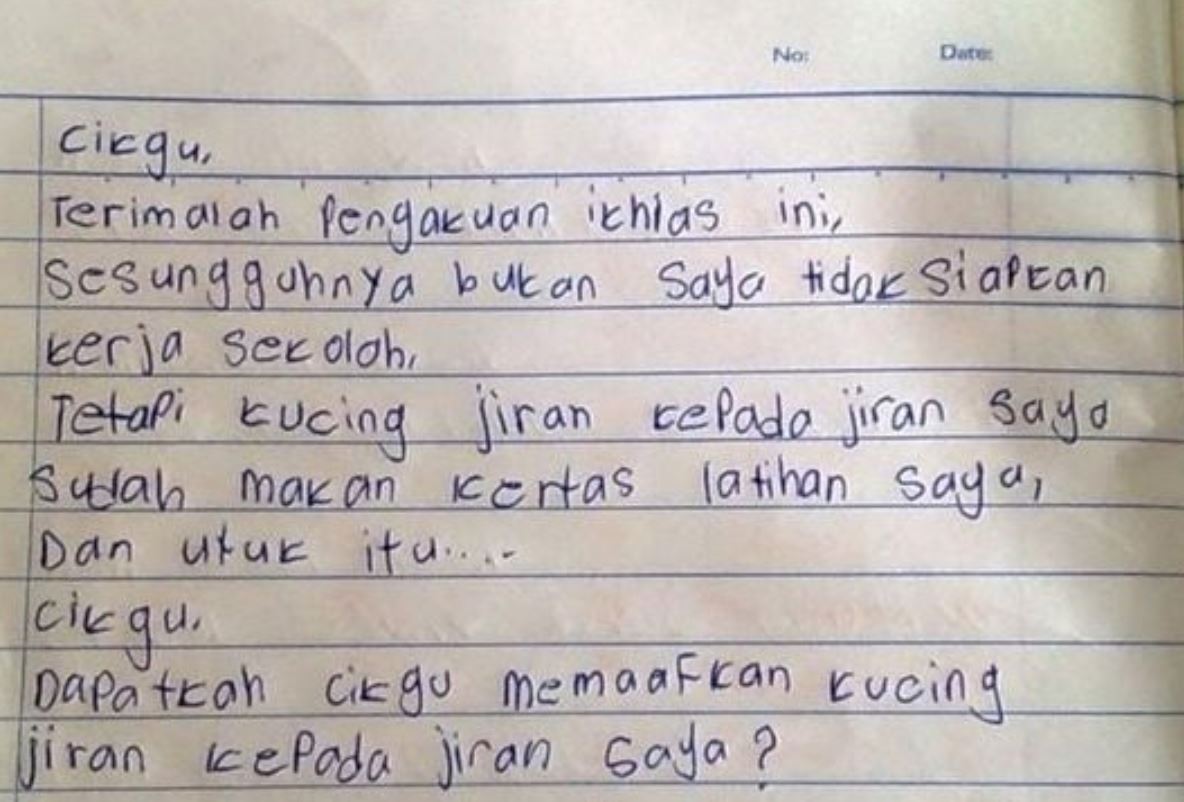 young boy writes letter to teacher saying “cat ate his worksheet” because he didn’t finish his homework