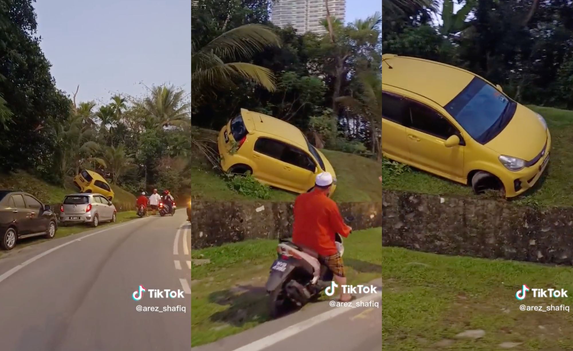 car steals spotlight after going off road and parks on slope, netizens amused