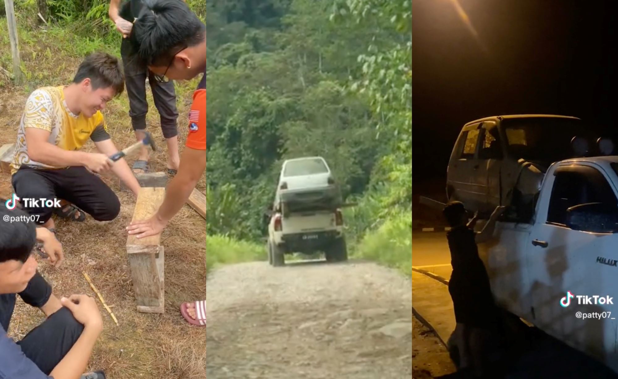 pickup truck carry broken down kancil on the back while driving out of rural area in sarawak