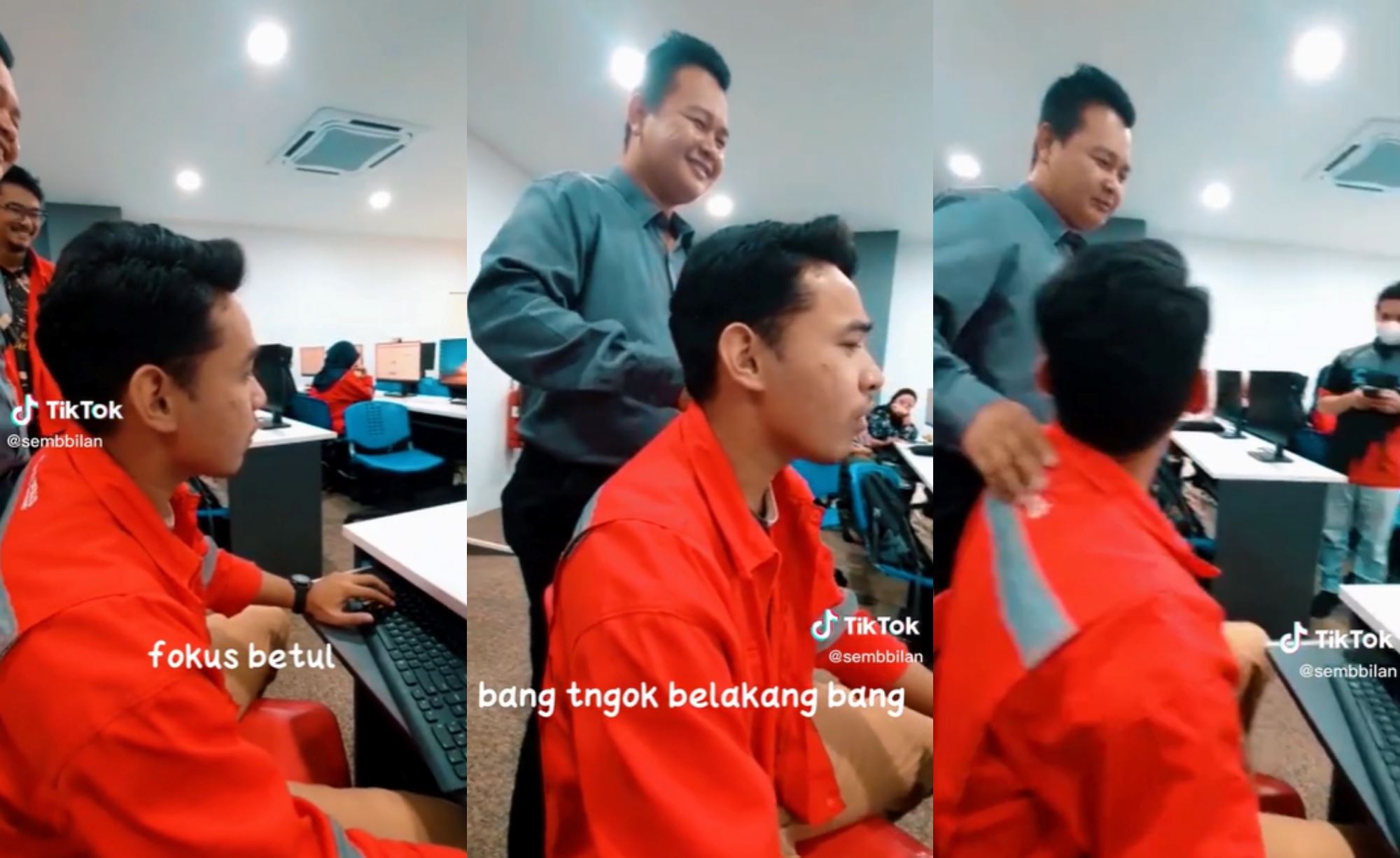 student plays video game using school’s computer, not realizing his lecturer standing behind them