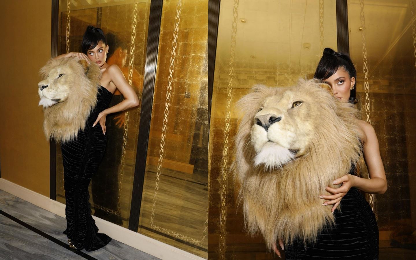 kylie jenner tampil dengan fesyen kepala singa pada baju